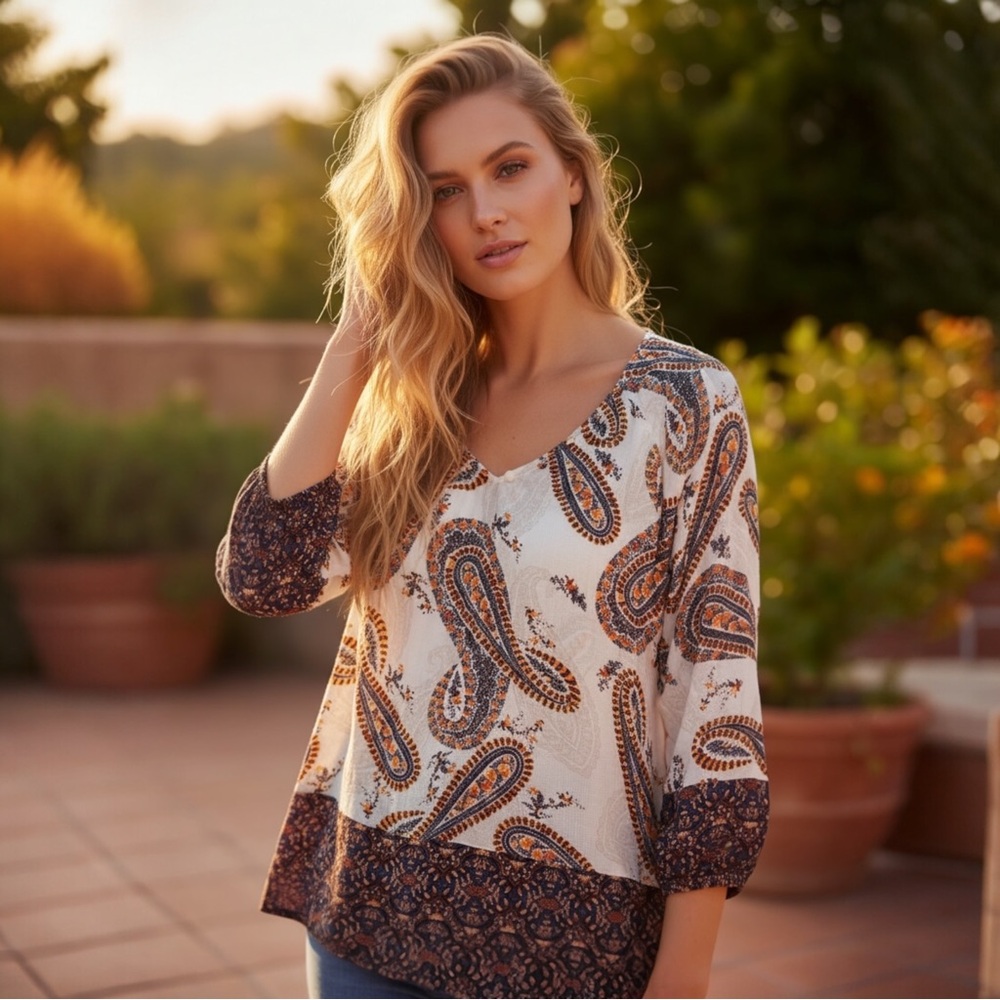 Lucky Brand Cream Paisley V-Neck Semi Sheer Tunic with Navy Trim